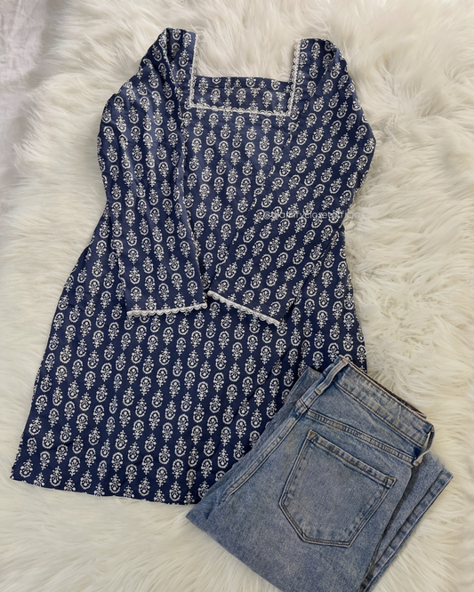 Blue Printed - Corset Back Kurti Lawn