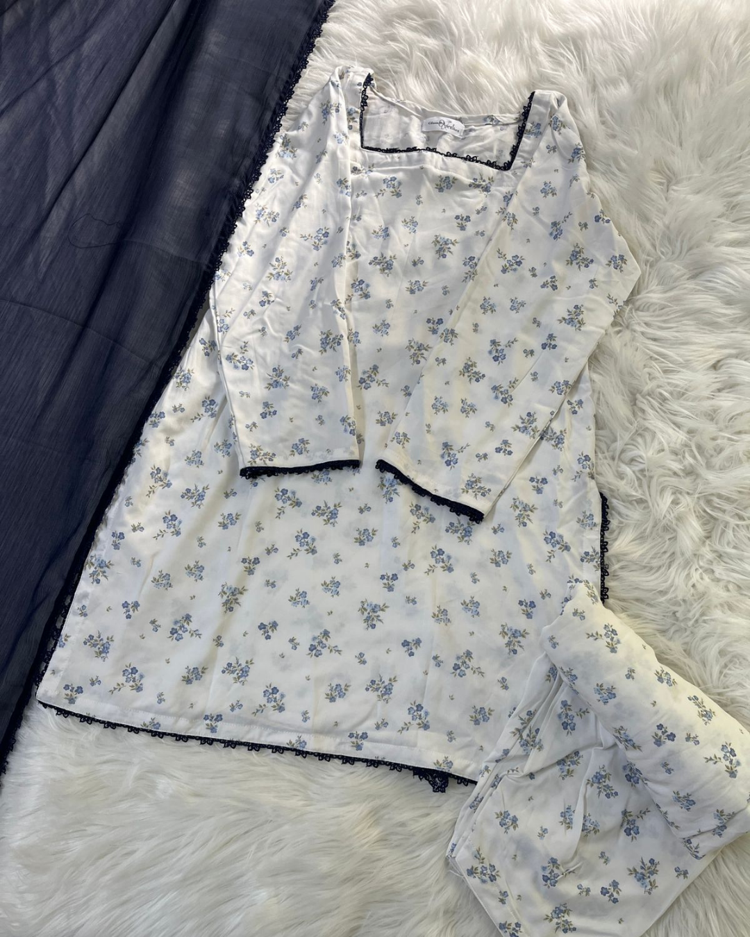 Printed White & Blue Shalwar Kameez - Corset Back 3 Pcs Suit