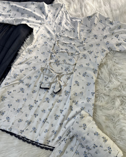 Printed White & Blue Shalwar Kameez - Corset Back 3 Pcs Suit