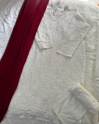 White Chikankari Suit with Maroon dupatta - 3 Pcs