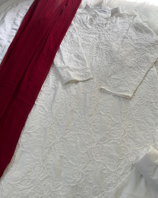 White Chikankari Suit with Maroon dupatta - 3 Pcs