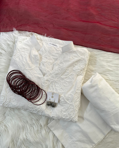 White Chikankari Suit with Maroon dupatta - 3 Pcs