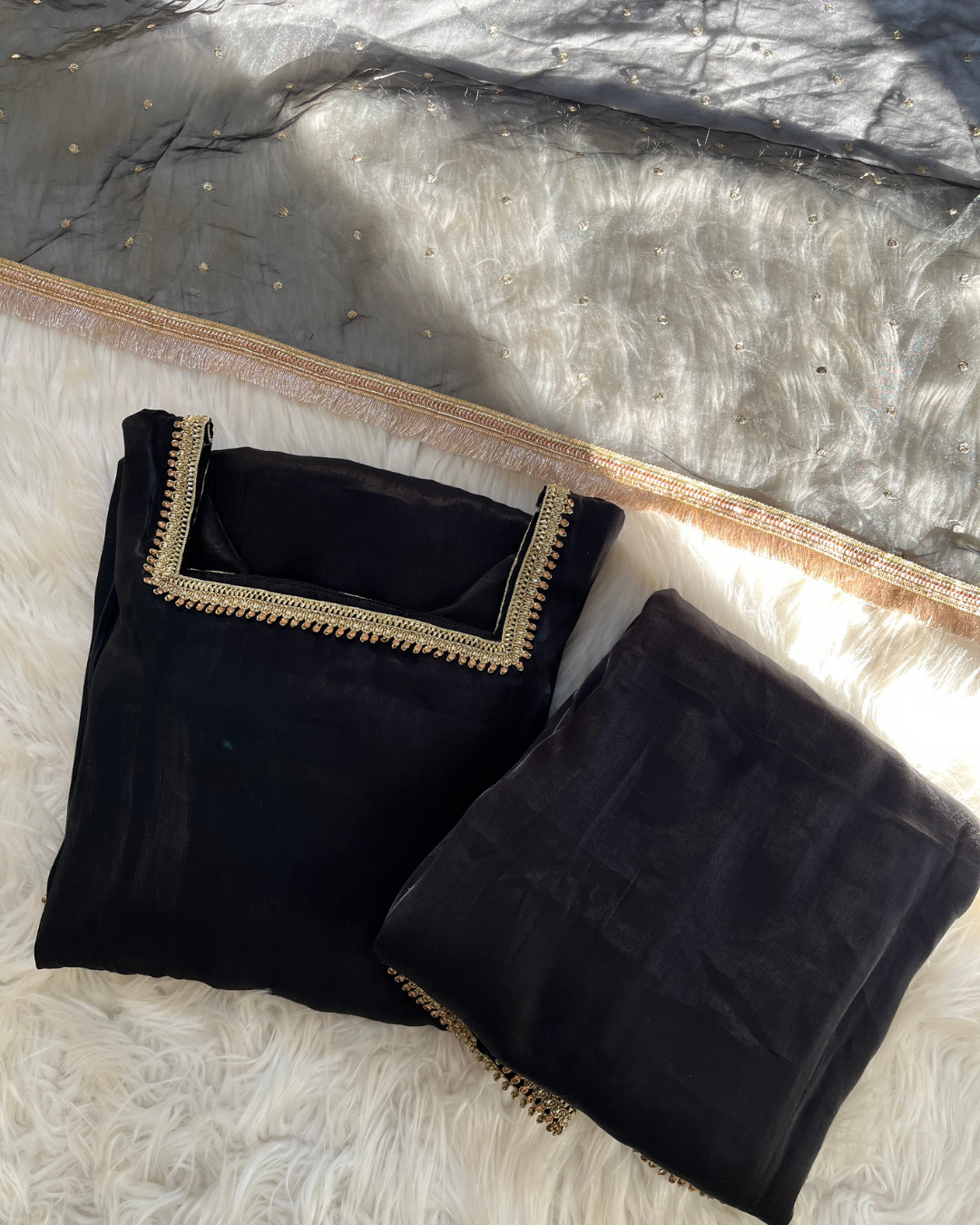 Black Sheesha Silk 3 Pcs Suit - With Kiran Dupatta