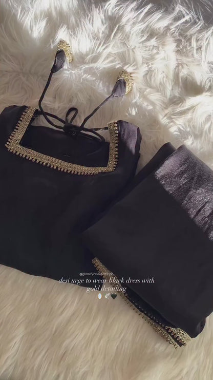 Black Sheesha Silk 3 Pcs Suit - With Kiran Dupatta