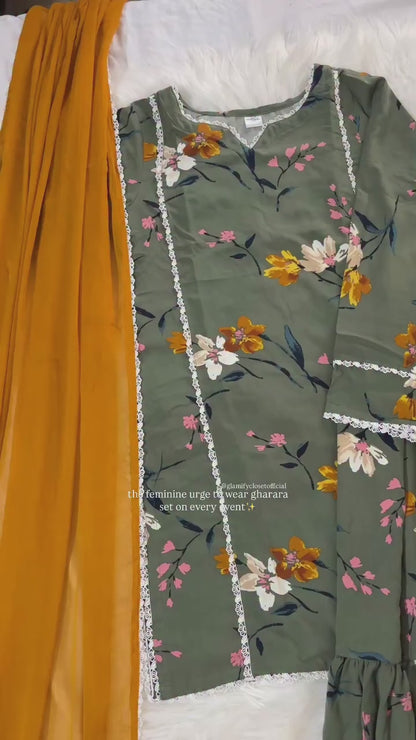 Olive Green Linen Printed Gharara - 3 Pc