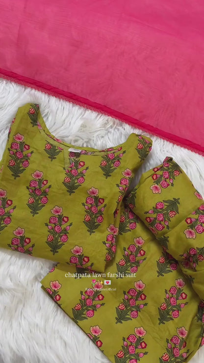 Printed Mustard Green Floral - Farshi Suit 3 Pcs