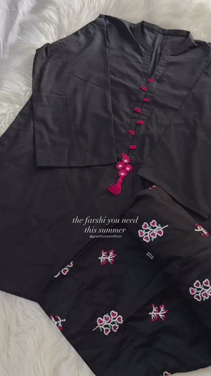 Black Embroidered Kurta With Farshi Set- 2 Pcs