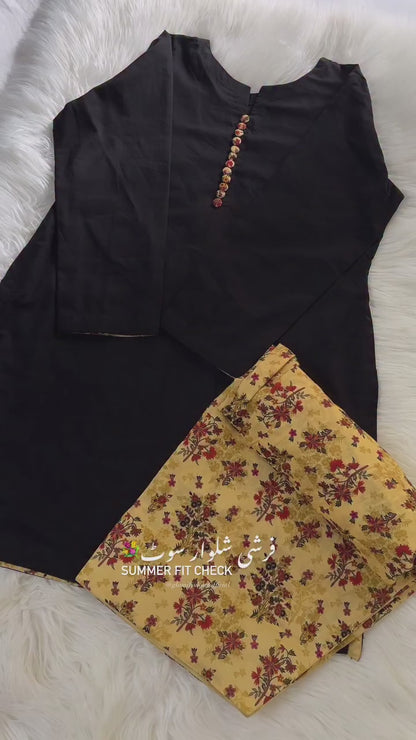 Black & Floral Yellow Farshi Set - 2 Pcs