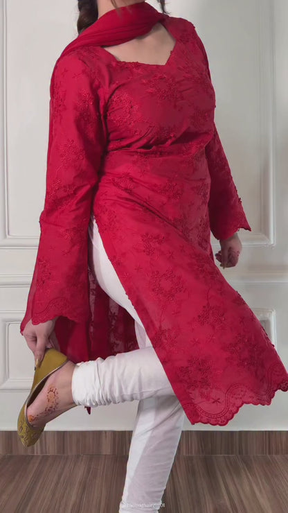 Red Chikankari 3 Pcs Suit - Viral Summer Edition