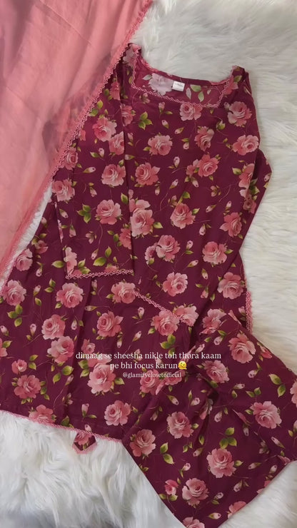 Red & Pink Printed Lawn - Farshi Corset Back 3 Pcs- Summer Arrivals