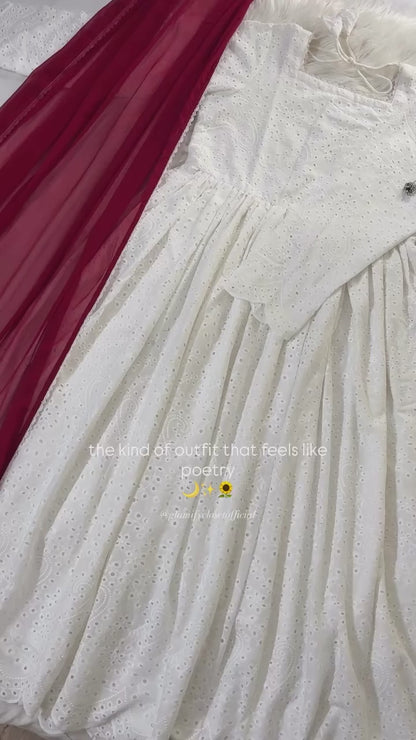 Noor Jahan | White Chikankari Anarkali Frock - 2 PC