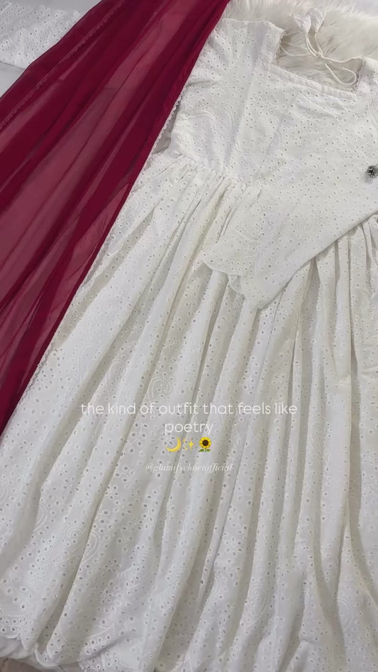 Noor Jahan | White Chikankari Anarkali Frock - 2 PC