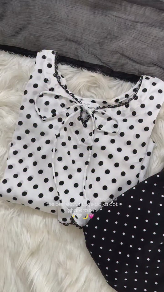 Black & White Polka Dots Linen | Gharara Set - 3 Pcs