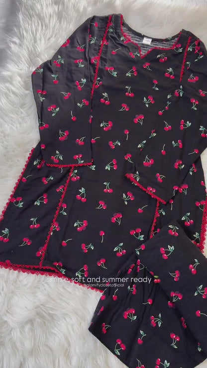 Black & Red Cherries Linen - 2 Pcs - Summer Arrivals