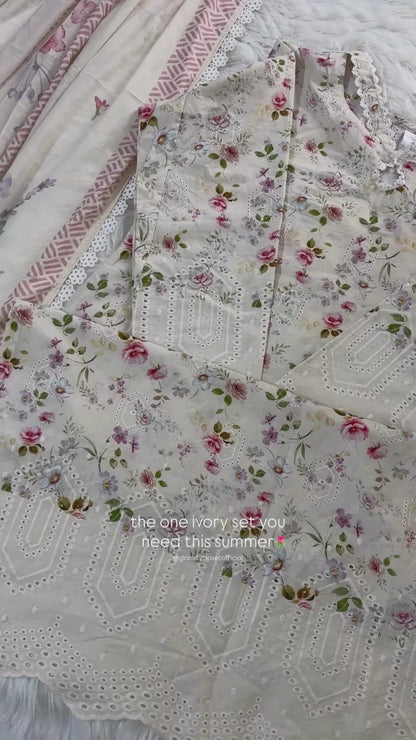 Creamy Floral Chikankari - 3 Pc Suit