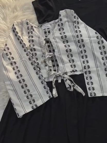 Black Long Dress With Printed Upper - 2 Pc Set