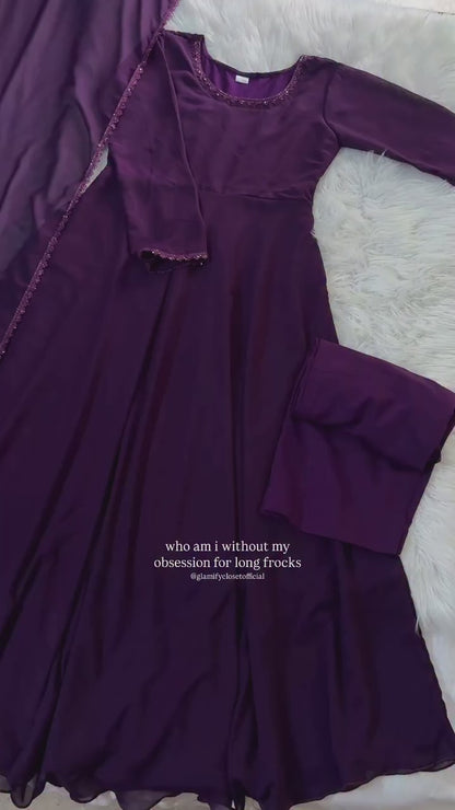 Purple Chiffon Long Frock - 3 Pc Set