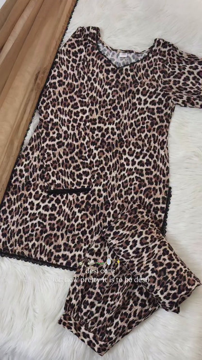 Leopard Print Linen Balloon Shalwar Kameez- 3 PC