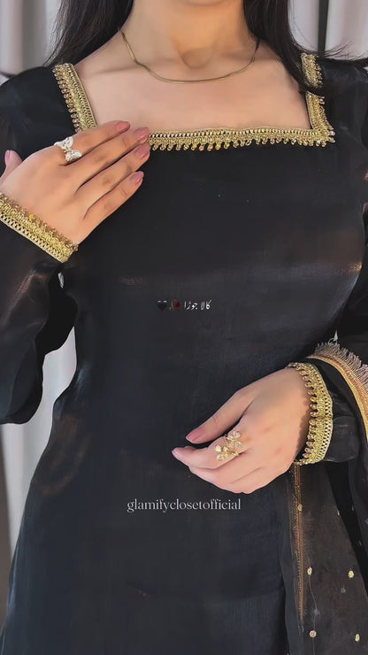 Black Sheesha Silk 3 Pcs Suit - With Kiran Dupatta
