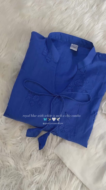 Blue Chikankari Kurti With White Cotton Trouser - 2 PC