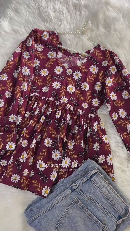 Maroon Floral Lawn Peplum - New Arrivals