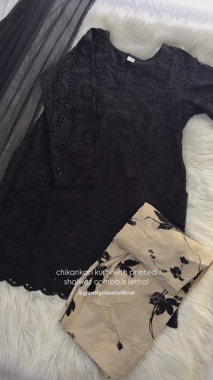 Inked - Black Chikankari & Printed Lawn Farshi - 3 PC