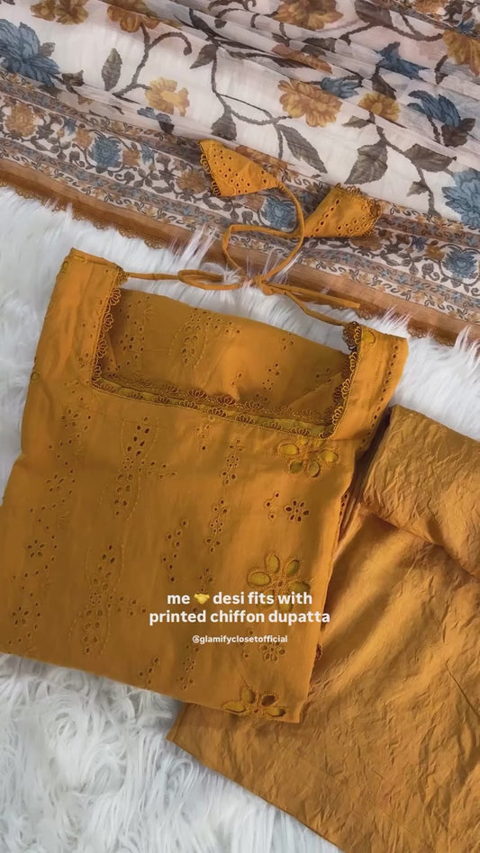 Yellow Mustard Chikankari With Plazzo & Printed Dupatta - 3 Pc Set