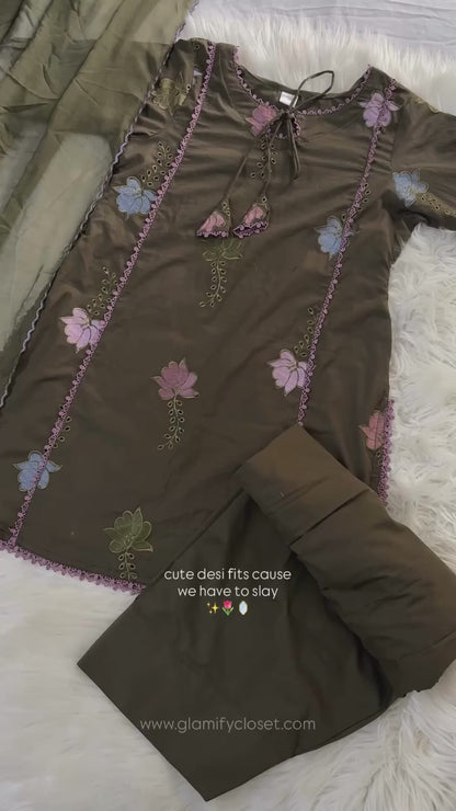 Pastel Petal Olive Embroidred 3 PC Suit