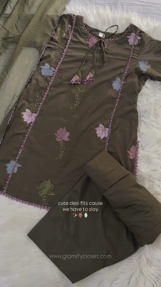 Pastel Petal Olive Embroidered - 3 PC Suit