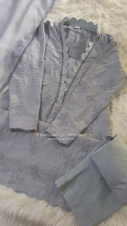 Grey Chikankari Suit with Matching Dupatta - 3 Pcs